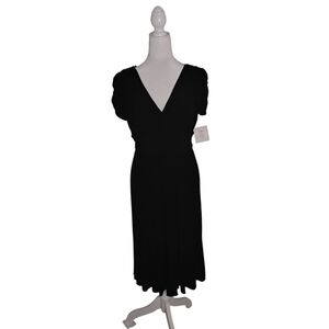 Suzi Chin Women's 8 Black Pleated Ruched Short Sleeve Midi Dress